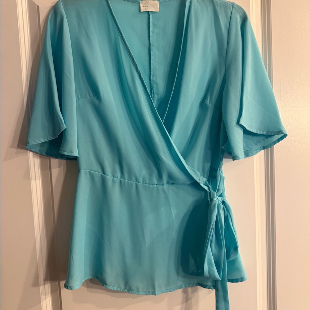 Blue Flutter Sleeve Wrap Blouse